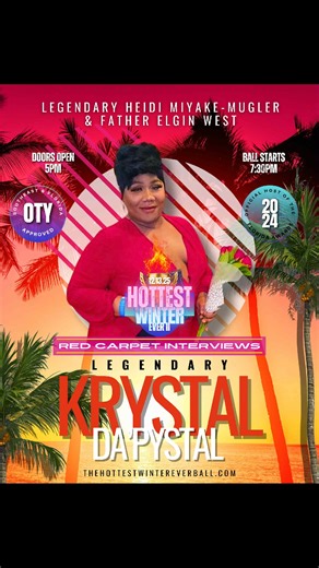 ✨💎 GRAND ANNOUNCEMENT 💎✨ Heidi Hall Michael Sails Jr. Miami, prepare yourself — the red carpet just got legendary. 🔥 The Hottest Winter Ever Ball Part II 🔥 welcomes the incomparable ✨ Legendary Krystal Da’Pystal Ebony ✨ as our Official Red Carpet Interviewer! 🎤💃🏽 Expect luxury, presence, and unforgettable moments as she brings her Ebony excellence to capture every look, every emotion, every legend. 💫 This isn’t just a red carpet — it’s a Ballroom Premiere. 💎 📅 December 13, 2025 📍 Miam