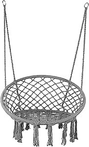 Hammock Chair Macrame Swing, Hanging Cotton Rope Macrame Hammock Swing Chair for Indoor, Outdoor Home, Patio, Porch, Deck, Yard, Garden, Max Weight: 260 Pounds