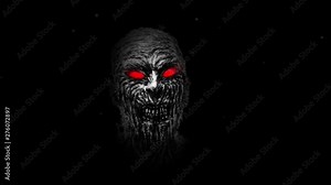 Wounded zombie face with red eyes on black background. Animation in genre of horror. Scary monster character face.