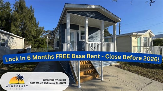 🌴 Save Thousands! Get 6 Months FREE Lot Rent in Sunny FL ☀️ Stop Dreaming, Start Saving! Right now, you can secure your brand-new 55 Florida home at Winterset RV Resort in Palmetto, FL, and receive an incredible incentive: 6 MONTHS FREE LOT RENT! Escape those long winters and join a vibrant, active community where the pool is always heated and every day feels like vacation. Enjoy our beautiful, new Park Model homes featuring modern kitchens, coastal designs, and all the comforts you deserve. Do