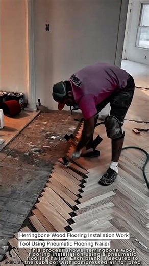 Herringbone Wood Flooring Installation Work Tool Using Pneumatic Flooring Nailer #worktool