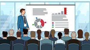 Flat cartoon businessman character speaker in conference business meeting near graph board | Premium Stock Video Footage
