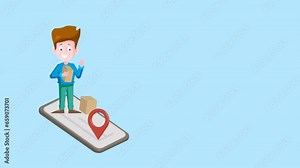 Fast delivery of the parcel. Order a parcel using an electronic application. Courier tracking using a mapping application. Animation.