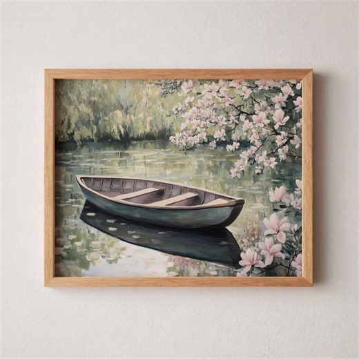 Vintage Rowboat Spring Landscape Art, Cottagecore Serenity (digital Download) - Etsy