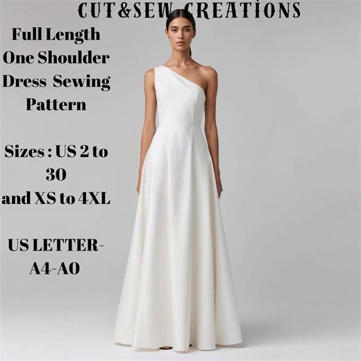 Full Length One Shoulder Dress Sewing Pattern – Available in US Sizes 2-30 (XS-4XL) - Etsy