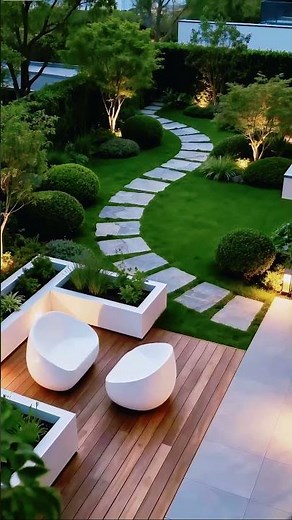 Modern Garden Pathway: Nighttime Tranquility with Illuminated Landscaping
