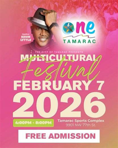 City of Tamarac on Instagram: "🎉 One Tamarac returns Saturday, February 7, from 4–8 p.m.! Join us as we celebrate Tamarac’s many faces, cultures, and voices at the #FREE One Tamarac Multicultural Festival! Enjoy live entertainment, cultural performances, interactive exhibits, food trucks, a kids’ fun zone, and an unforgettable night capped off with a show-stopping performance by headliner Kevin Lyttle and a spectacular laser show finale at 7:30 p.m. 🎉 ¡One Tamarac regresa el sábado 7 de febrer