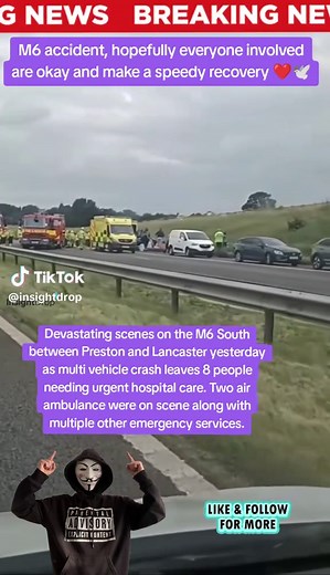 Motorists have shared pictures from the scene of today’s crash on the M6, showing the extent of the emergency service response. Lancashire Police said the multi-vehicle crash, between Junctions 33 and Forton Services on the M6 Southbound, has left a number of people injured. Casualties have been taken to hospital and the motorway remains closed between Junction 33 and the services southbound and diversions are in place. Northbound is open with speed restrictions in place. #breakingnews #news #m6