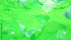 Plastic waste, symbolizing pollution, floats in green water, perfect for illustrating environmental issues Stock Video