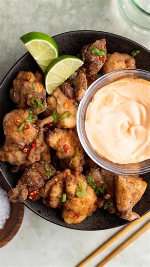 https://tasty.co/recipe/tori-karaage Who doesn’t love crispy fried chicken? These golden-brown bites are double-fried for extra crispiness and marinated in a flavorful blend of aromatics, soy, and mirin, giving them an irresistible juicy, tender interior. A taste of Japanese street food enjoyed at home. Thanks to The Bold Appetite Full recipe linked above! | Tasty