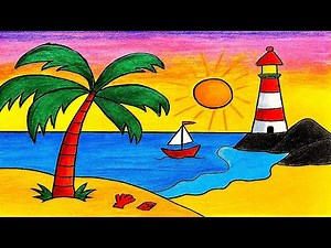 Easy Sunset Beach Drawing with Colored Pencils | Art Tutorial for Kids & Beginners