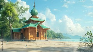 Animation mosque building on the beach cartoon style seamless 4k video background. generated with ai