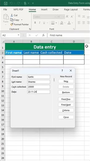 Data Entry Form using shortcut in excel