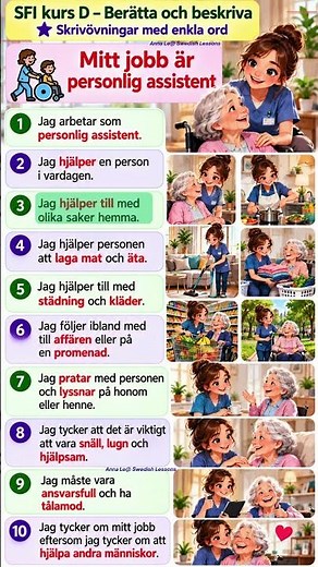 🟡 SFI kurs B – Berätta och beskriva⭐ Skrivövningar med enkla ord👩‍🦽 Mitt jobb är personlig assistent