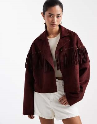 Miss Selfridge faux suede crop fringe stud jacket in plum | ASOS