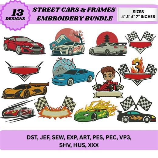 Street Cars Machine Embroidery Bundle Sport Car Name Frame Vehicle Designs Custom Auto Embroidery |5 Sizes, Digital Files Download - Etsy