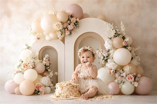 Blush and Cream Balloon Arch Photography Backdrop, Spring Cake Smash, Flowers Floral Birthday Background - Etsy