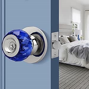 Crystal Door Knob with Privacy Lock, Blue Glass Interior Door Knob with Keys and Lock, Round Design Crystal Doorknob for Bathroom Bedroom, Satin Nickel