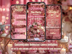 Pink & Gold High Tea Party Invitation – Birthday Video Invite – Editable Ladies Brunch Template – Whimsical Garden Party – Canva Invitation - Etsy