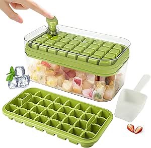 Ice Cube Tray with Lid and Bin,64 pcs Ice Cubes Molds for Freezer,With 2 trays,Ice Cube Trays Molds for Freezer Easy Release Spill-Resistant Cover,Removable Lid & Scoop,For Whiskey,Cocktail (Green)