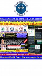 #PMDC #MDCAT Official | MDCAT 2024 Sample Guess Papers Announced. 190 MCQs will be according to this Session 🩺 PMDC recommended 6 Days Session #NUMS (AMC/CMH) Results Summary & #PMDC_MDCAT2024 Quick Session ✅ Topper 92% (138/150), student of PMDC Academy 0310-4468631 ✅ 12,500 students of Quick Session scored 80% i.e 120 /150 Allhumdulillah ✨ Last 06 Day's to score 190 /200 🩺 🩺 𝗣𝗠𝗗𝗖 𝗠𝗗𝗖𝗔𝗧 𝟮𝟬𝟮𝟰 𝗮𝗹𝗹 𝟮𝟬𝟬 𝗠𝗖𝗤𝘀 𝘄𝗶𝗹𝗹 𝗯𝗲 𝗮𝗰𝗰𝗼𝗿𝗱𝗶𝗻𝗴 𝘁𝗼 𝘁𝗵𝗶𝘀 𝗤𝘂𝗶𝗰𝗸 𝗢𝗻-𝗹