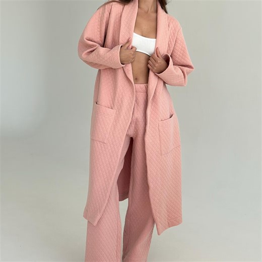 Long Quilted Cotton Robe and Pants: Womens Pajama Loungewear Set - Etsy