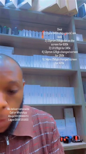 G.C worldwide on Instagram: "Deal 1) 11pro 64Gb chip unlock/ sim lock 2) 15prom 256gb dot on the screen for 630k 3) 13 128gb for 345k 4) 13prom 128gb changed screen for 350k 5) 14pro 256gb changed screen for 470k —————-Our Address —————— Abuja office: A15 New banex wuse 2 Lagos office: No 11 otigba street opp fidelity bank computer village Lagos, Nigeria We deliver nationwide Call or WhatsApp Abuja 08109666211 Lagos 08147191600 Account number 2003476601 fcmb 96 GC worldwide Follow us on our What