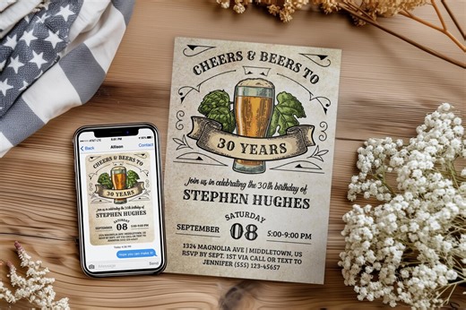 Cheers & Beers Birthday Invitation, Digital 5x7 4x6 Printable Editable Template PDF JPG - Etsy