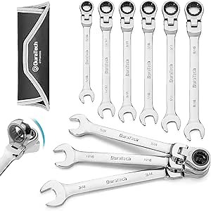 DURATECH 9-Piece Flex-Head Ratcheting Wrench Set, Combination Wrench Sets, 72 Tooth, SAE, 5/16'' to 3/4'', CR-V Steel, Mirror Polished Chrome Plated with Rolling Pouch
