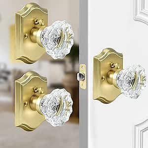 3 Pack Crystal Door Knobs, Satin Brass Glass Door Knobs Interior Rose Shape with Lock Privacy Function Vintage for Bedroom Bathroom