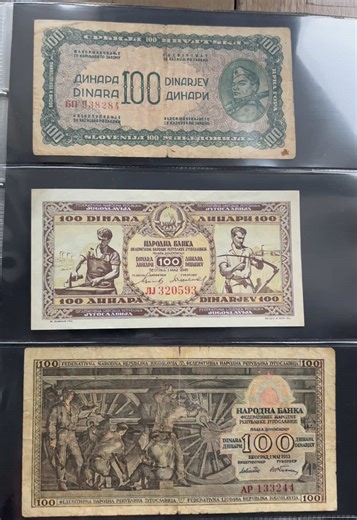 Three historic 100 Dinar banknotes from Yugoslavia 💵 🔹 100 Dinara – World War II era (1944) A rare occupation-period banknote with multilingual inscriptions, used during turbulent wartime years. 🔹 100 Dinara – 1946 (Federal People’s Republic of Yugoslavia) Early socialist issue featuring workers and reconstruction themes after WWII. 🔹 100 Dinara – 1953 (Federal People’s Republic of Yugoslavia) Industrial design showing heavy labor and progress, symbol of post-war development. All banknotes a