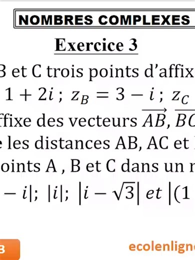 Nombres Complexes: Exercice 3 Géométrie et Complexes ! Tu galères à placer tes points ou à calculer des distances ? Dans cette vidéo, on valide ensemble 3 étapes clés : ✅ Calculer l'affixe d'un vecteur (la méthode infaillible). ✅ Transformer un module en distance réelle. ✅ Réussir son graphique sans se tromper d'axe. Tout ce qu'il te faut pour assurer au prochain DS de Terminale D ! #Maths #TerminaleD #Bac2026 #Complexes #Revision #EcoleEnLigneCI #fypppppppppppppppppppp #fypシ゚viral #fypシ