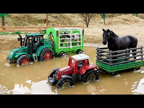 Tractor carries animals across lake - Toy car video collection