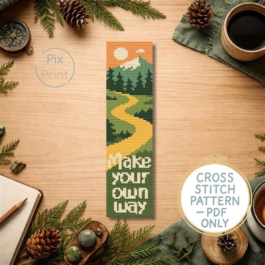 Cross Stitch Bookmark PDF Pattern | Make Your Own Way Quote | Forest Mountain Landscape | Nature Bookmark - Etsy