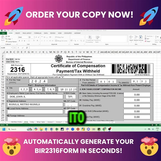 Generate your BIR 2316 FORM IN SECONDS! ⭐ Di ka na mahihirapan sa manual na pang fill-out at recording! The best itong System na to for: ✅ Accountants/Finance ✅ Book Keepers ✅ HR Managers ✅ Small Business Owners ✅ Startup Companies CEOs ✅ Entreprenerus ✅ Basta lahat ng businesses! Core Features : ✨ Automatic BIR 2316 Form Generation ✨ Master Database ✨ Basic Input ✨ User-Friendly Interface ✨ Error-Free Accuracy ✨ Print or Save to PDF: Produce professional, submission-ready forms for printing or 