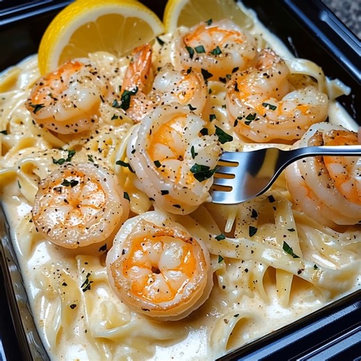 🍤 Creamy Shrimp Alfredo Fettuccine 🍋 The ultimate comfort food pasta for seafood lovers! 📝 Ingredients: 10–12 large shrimp, peeled and deveined 8 oz (225g) fettuccine pasta 2 tbsp butter 1 tbsp olive oil 3 cloves garlic, minced 1 cup heavy cream ½ cup grated Parmesan cheese ¼ cup cream cheese (optional for extra creaminess) 1 tsp lemon zest 1 tbsp lemon juice Salt and black pepper, to taste 1 tbsp chopped parsley Lemon wedges, for serving 🍴 How to prepare it: 1️⃣ Cook the pasta: Boil fettucc