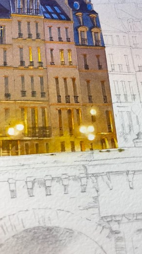 3rd step :Beginning of the painting of the buildings that border the banks of the Seine. The lights begin to flicker. « The Empire of Lights on Paris ».Transparent watercolor painting on Arches paper cold pressed 356gr. All my whites are the whites of the paper.Size : 27,6 inch x 15,3 inch.This watercolor, barely started, is already reserved.3eme étape :Début de la peinture des batiments qui bordent les quais de Seine. Les lumières commencent à scintiller. « L’empire des lumières sur Paris »Pein