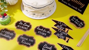 Spakon 24 Pcs Graduation Candy Buffet Labels Candy Buffet Table Sign with Stand and Grad Party Dessert Table Signs Sets Class of 2026 Grad Parties Dessert Bar Food Decor Supplies(Black Gold)