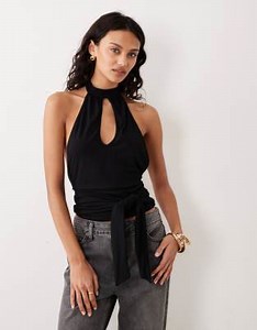 Motel Verbina keyhole halter tie waist top in black | ASOS