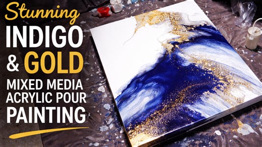Stunning indigo & gold mixed media acrylic pour painting