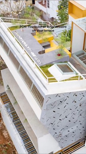 Sws Admin on Instagram: "What started as a simple sloped roof is now an open-air amphitheatre, featuring pop yellow stepped seating and perfect for casual gatherings, informal events, and spontaneous dinners with friends and family. A reminder that every architectural space holds the potential to inspire ! (Amphitheatre design, Terrace transformation, Outdoor seating, Landscape architecture, Modern architecture, Creative spaces, Design innovation, Casual gatherings, Open air design, Architectura