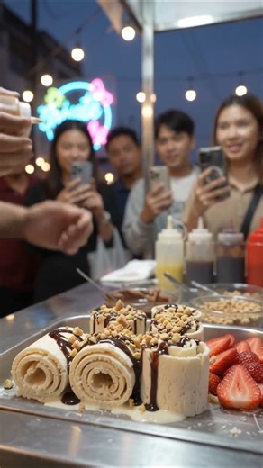 Street Vendor Rolling Fresh Ice Cream — Viral Thai Rolled Ice Cream Recipe #rolledicecream