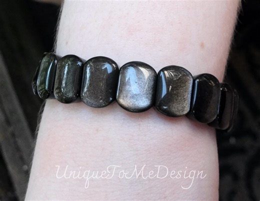 Silver Sheen Obsidian Stretch Bracelet, Natural Gemstone, Sheen Obsidian Goldstone 14mm Beaded Statement Bracelet, Chakra Obsidian Jewelry - Etsy