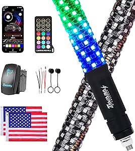 Tavaray 2PCS 3FT Fat Whip Lights – Spiral RGB Chasing Lighted Antenna Whips with Flag, Whip Lights for Side by Side UTV ATV RZR Can-Am X3, with App/Remote Control, Turn Signal & Rocker Switch