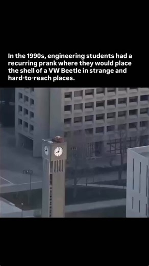 blowingfact on Instagram: "In the 1990s, a quirky tradition swept across universities where engineering students would orchestrate an elaborate prank involving a Volkswagen Beetle. They’d strip the car to its shell and secretly place it in hard-to-reach spots like rooftops, bridges, or statues. The prank showcased creativity and problem-solving skills, highlighting engineers’ precision, teamwork, and clever planning. These Beetle placements often made local headlines, becoming a beloved part of 