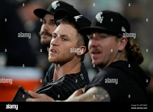 Chicago White Sox starting pitcher Michael Kopech, center, sits in the dugout between Dylan Cease, left, and Mike Clevinger, after pitching in a baseball game against the Los Angeles Angels Monday, May 29, 2023, in Chicago. (AP Photo/Charles Rex Arbogast Stock Photo - Alamy