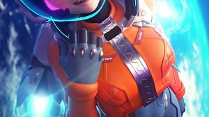 Juno (Overwatch), video game girls, ForceballFX, looking at viewer, smiling, open mouth, short hair, purple hair, red eyes, whole body, belly button, video game characters, Overwatch, video games, CGI, digital art, fan art, bodysuit, space, helmet, gloves, jetpack, teeth, sidelocks, portrait display, flying | 5036x7680 Wallpaper