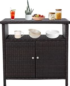 AIIT Outdoor Bar Table with 2 Doors & Shelves - Outdoor Buffet Cabinet Weatherproof Storage Console Table for Patio Pool Garden Kitchen Indoor, Dark Brown