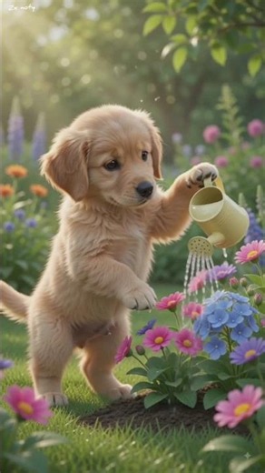 🌼 Tiny Puppy Watering Flowers 💛 The Cutest Gardener Ever! 🐾✨ #cute #shorts
