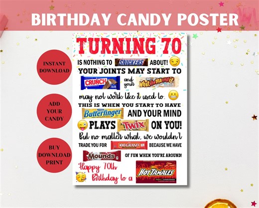 70th Birthday Candy Poster, Birthday Candy Sign, 70th Birthday Gifts, Candy Gram Sign, Birthday Puns, Unique Birthday Sign - Etsy